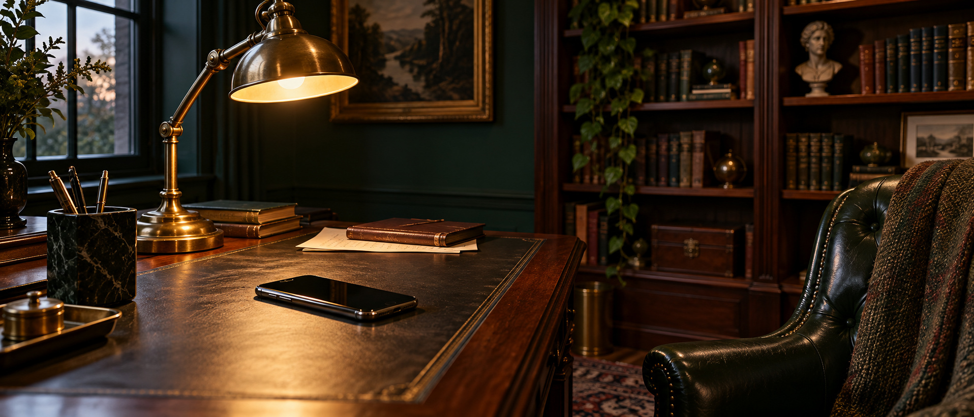 A dark wooden bookshelf with a glowing phone